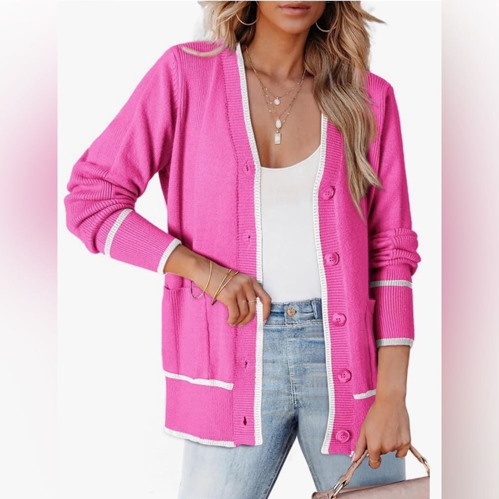 NWT - Cardigans for Women Lightweight Chic Color Block Twist Cable Knit Pink - M